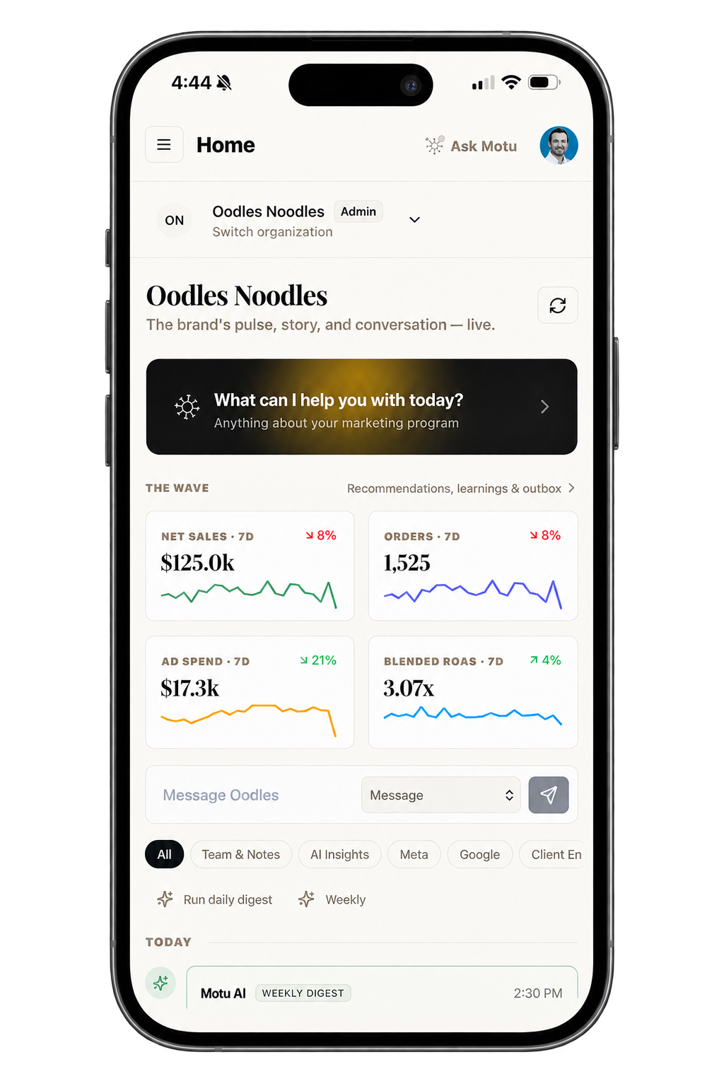 The Motu app home screen: live net sales, orders, ad spend, and blended ROAS, with Ask Motu and The Wave of recommendations