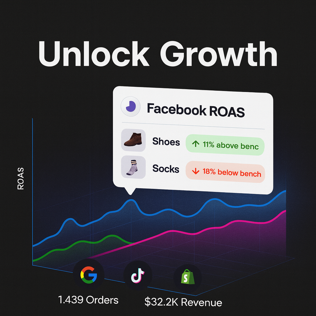 Analytics dashboard showing Facebook ROAS performance with growth metrics and platform integrations